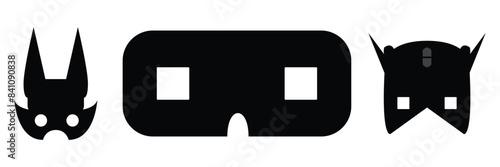 Mask superhero carnival villain or burgar vector icon set. Black masquerade costume eye mask silhouette hidden person face. Simple design incognito party masque shape template illustration.