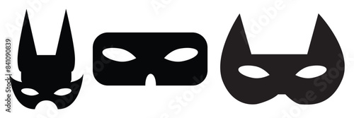 Mask superhero carnival villain or burgar vector icon set. Black masquerade costume eye mask silhouette hidden person face. Simple design incognito party masque shape template illustration.