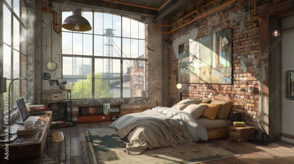 Rustic modern bedroom with large windows providing ample natural light, featuring blend of urban and rustic design elements. urban rustic bedroom that combines modern design Rustic modern bedroom with large windows providing ample natural light, featuring blend of urban and rustic design elements. urban rustic bedroom that combines modern design