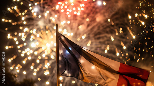 Close-up of a French flag with fireworks bursting in the background on Bastille Day photo