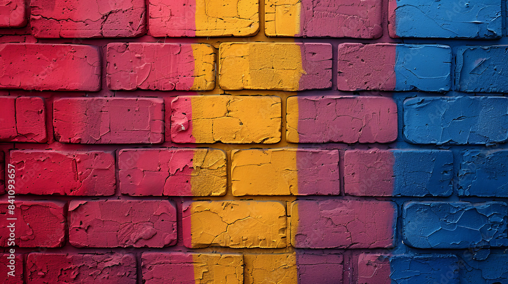 Red, Yellow, and Blue Painted Brick Wall Red, Yellow, and Blue Painted Brick Wall