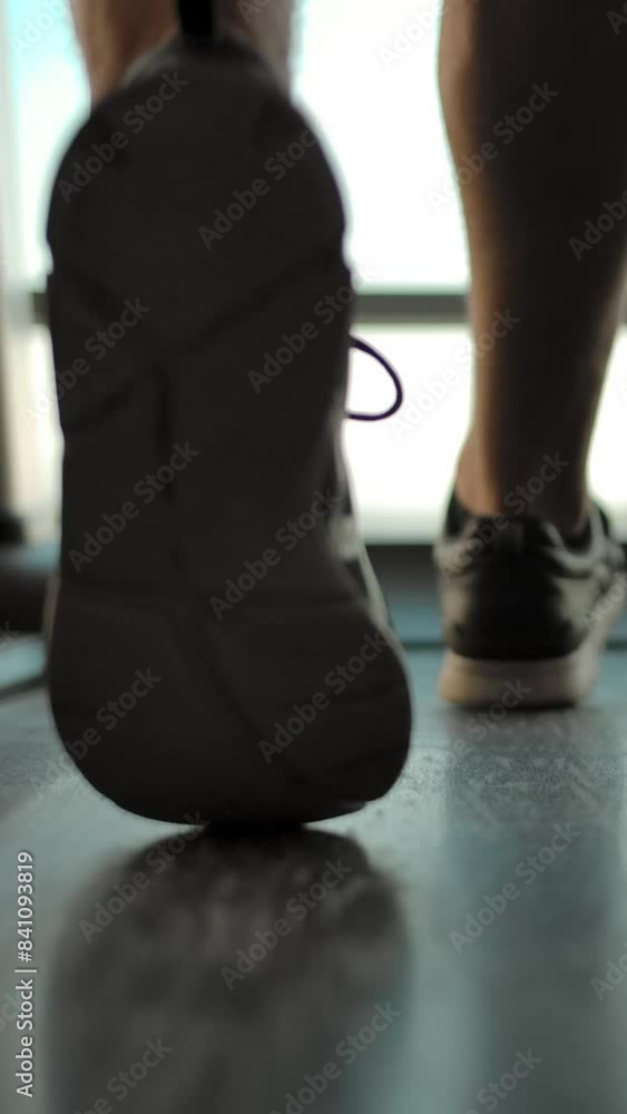 Legs of a male athlete on a treadmill. Close-up of male excellent legs with big muscles in sneakers in the gym overlooking a large window. Vertical shot. Legs of a male athlete on a treadmill. Close-up of male excellent legs with big muscles in sneakers in the gym overlooking a large window. Vertical shot.