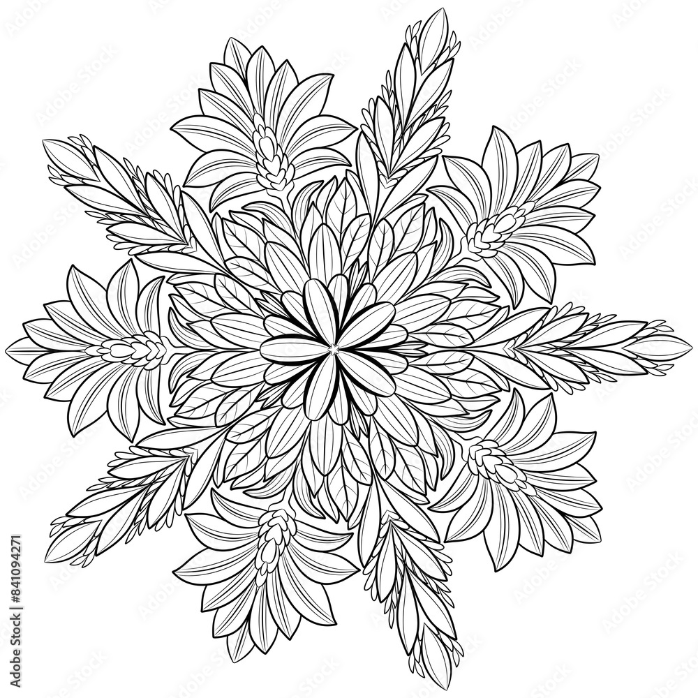 Floral Mandala isolated design on white background. Intricate Symmetrical Floral Design with Detailed Petals and Leaves in Black and White Illustration. Floral Mandala isolated design on white background. Intricate Symmetrical Floral Design with Detailed Petals and Leaves in Black and White Illustration.