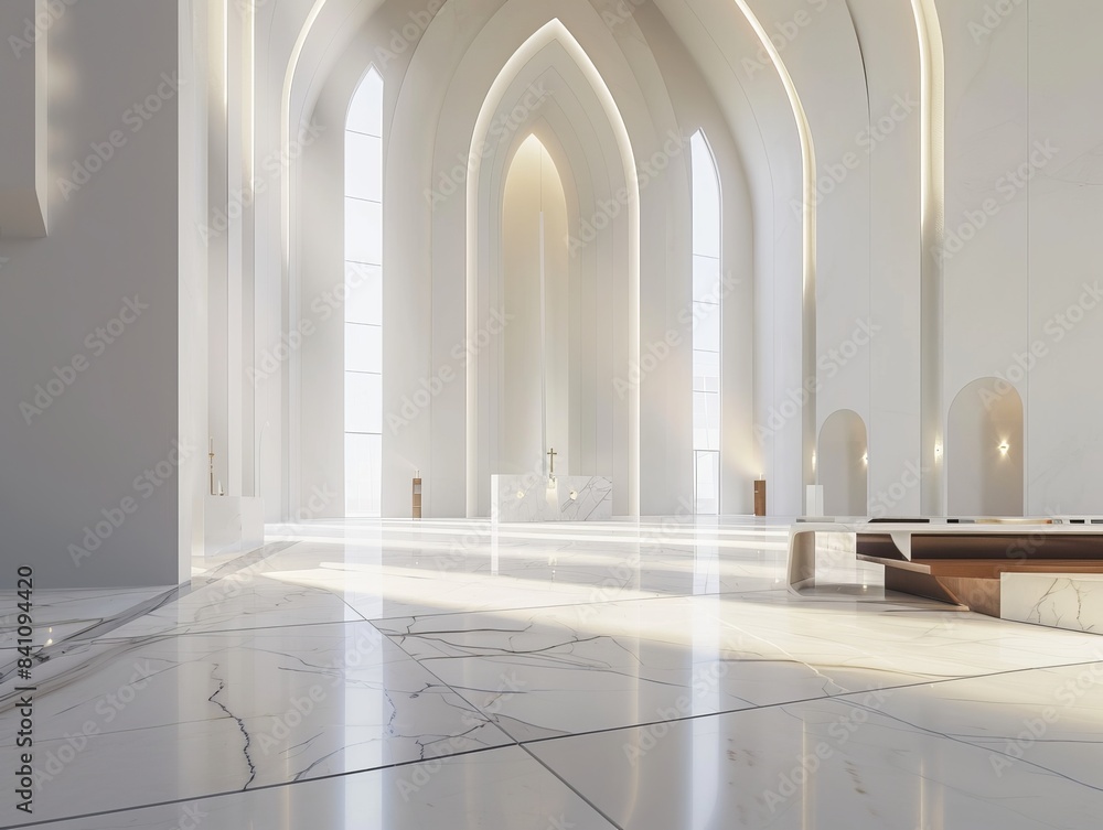 Obraz premium A long, white hallway with arched columns and a bright light at the end