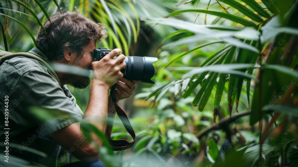 A man navigates a dense jungle, camera in hand, capturing vibrant wildlife around him. A man navigates a dense jungle, camera in hand, capturing vibrant wildlife around him.