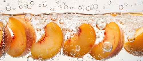 peach in soda bubbles on white background