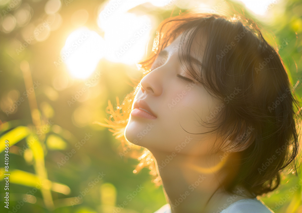 A young woman with short hair enjoys the warm sunlight with her eyes closed, surrounded by lush greenery and a golden glow.
A young woman with short hair enjoys the warm sunlight with her eyes closed, surrounded by lush greenery and a golden glow.