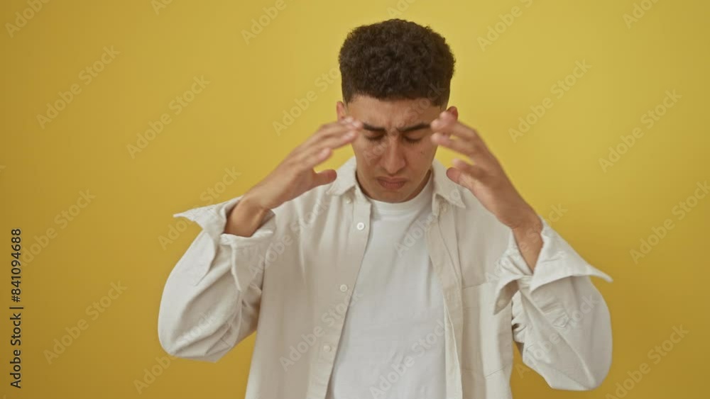 Frustration boils over, young arabian man, arms raised in aggression, stands yelling madly in yellow isolation. fury evident in his expressive shout. face screams of unbearable stress. Frustration boils over, young arabian man, arms raised in aggression, stands yelling madly in yellow isolation. fury evident in his expressive shout. face screams of unbearable stress.