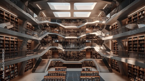 An open library with bookshelves in intricate patterns resembling affiliate links creates a captivating experience.