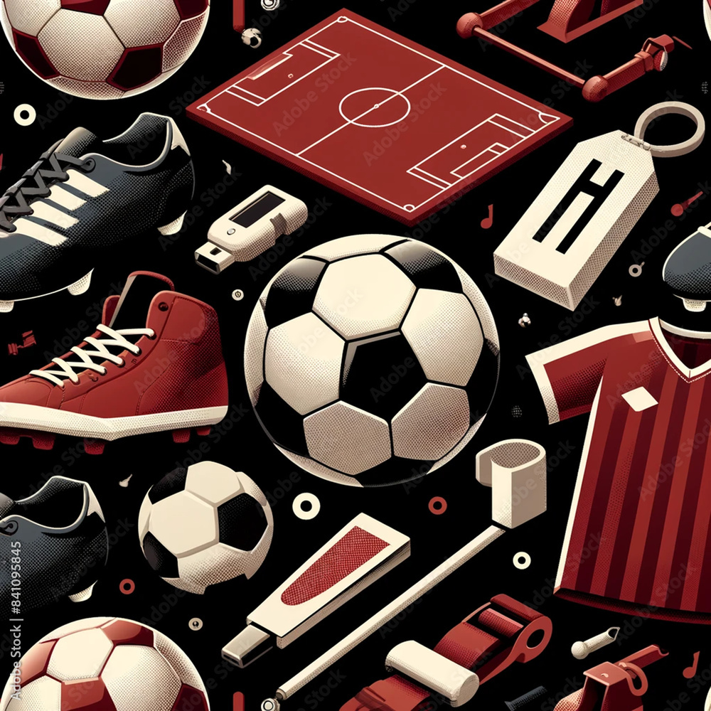 A seamless 2D vector style background pattern featuring soccer-themed elements.