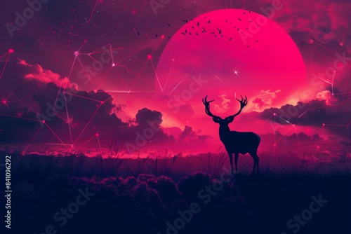Mystical scene with a silhouetted deer standing in a field under a massive red moon, surrounded by a starry night and glowing lines.

