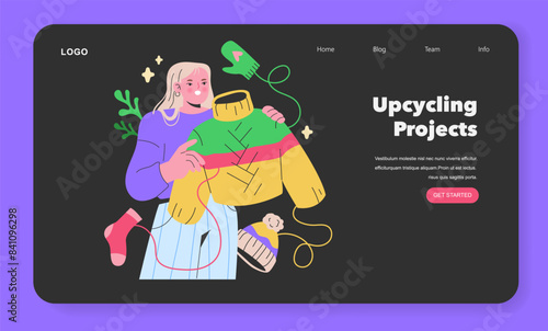 Maker Culture concept A bright figure breathes new life into old garments, illustrating the magic of upcycling projects with a joyful color palette Vector illustration
