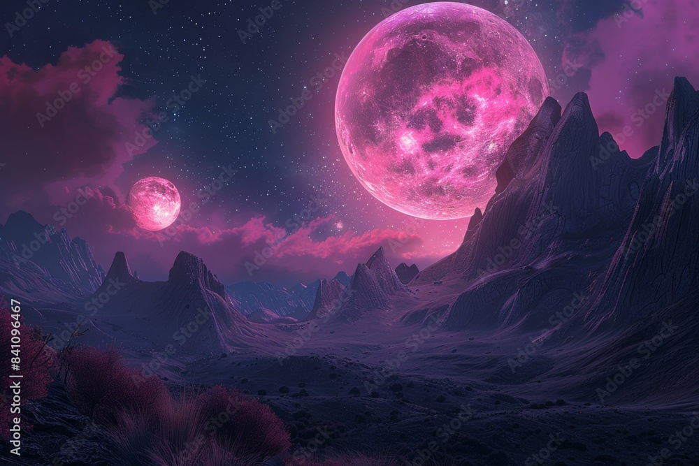 Surreal pink moons over a mystical mountain range, casting an ...