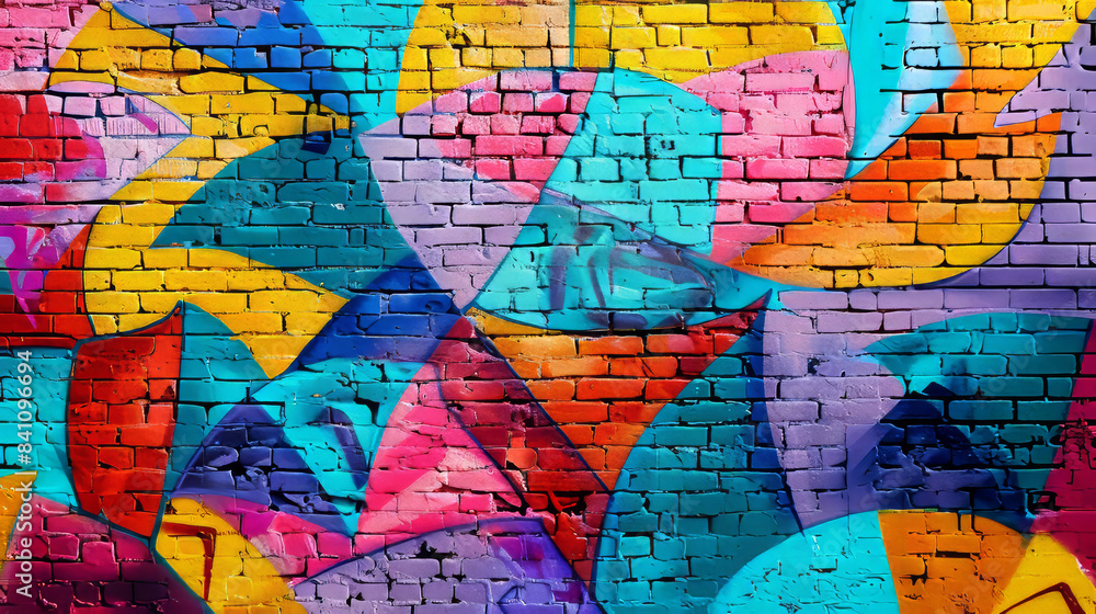 Colorful Geometric Graffiti On Brick Wall In Urban Setting Colorful Geometric Graffiti On Brick Wall In Urban Setting