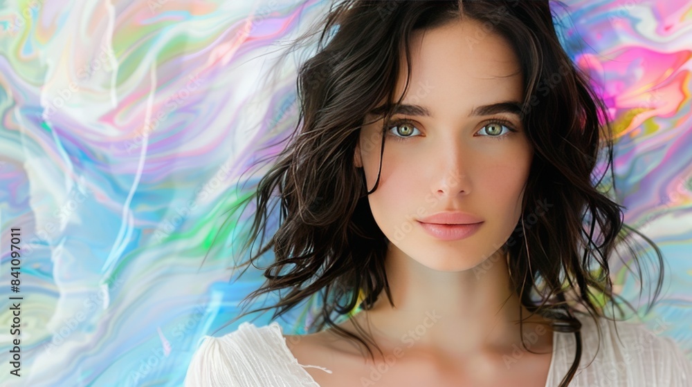 Portrait of a woman with dark hair against a colorful abstract background, showcasing beauty and creativity. Portrait of a woman with dark hair against a colorful abstract background, showcasing beauty and creativity.