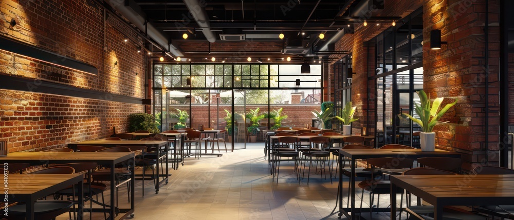 restaurant design, modern contemporary industrial design with red brick walls, black painted steel restaurant design, modern contemporary industrial design with red brick walls, black painted steel
