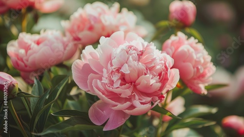 Close up of lovely pink peonies in bloom