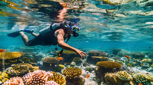 Obraz na płótnie A man dives into clear tropical waters, surrounded by vibrant reefs and colorful fish, feeling profound awe. w salonie