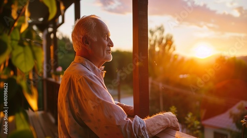 A senior man enjoys the sunset from his porch  reflecting on a fulfilling life and cherished memories.