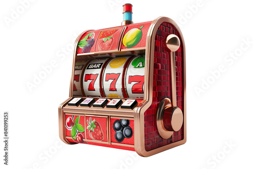 Classic slot machine with a winning combination of sevens and fruits, isolated on a white background.