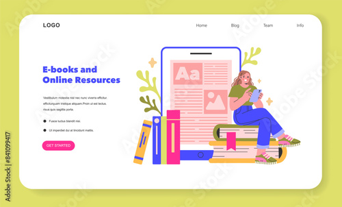 E-books and Online Resources concept A learner engrossed in digital reading material, surrounded by traditional books, blending old and new knowledge mediums Vector illustration
