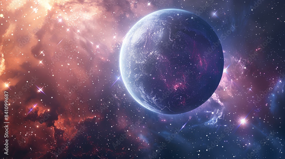 A surreal 3D image of a planet surrounded by an aura light, with bright constellations shining in the vastness of space. A surreal 3D image of a planet surrounded by an aura light, with bright constellations shining in the vastness of space.