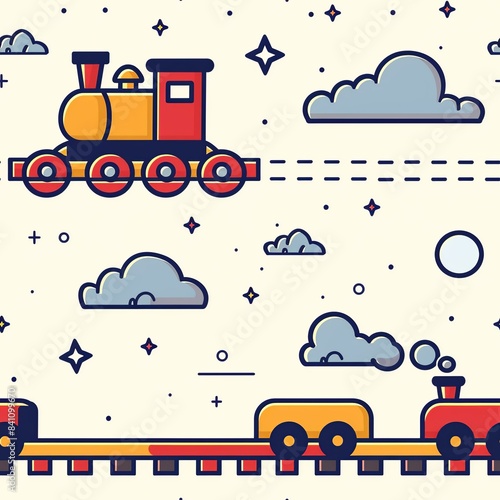 A cute line drawing of a toy train chugging along its tracks, emitting puffs of smoke, stirring memories of adventure for kids. Minimal pattern banner wallpaper, simple background, Seamless,
