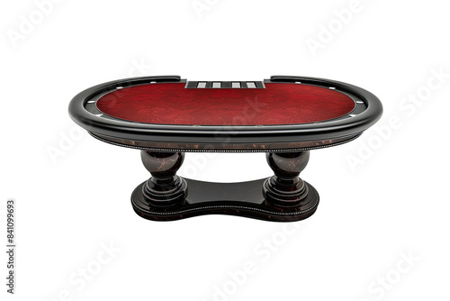 Elegant oval poker table with red felt and dark wooden legs, isolated on white background, perfect for casino or game nights.