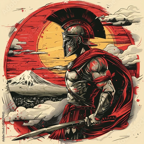 A man in a red cape and helmet stands in front of a mountain