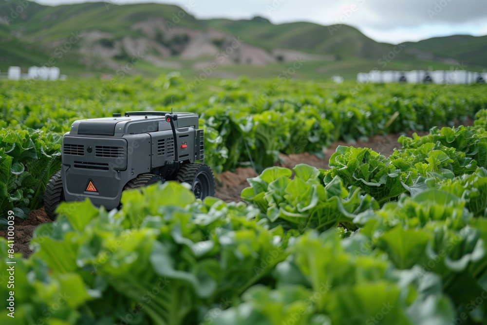 A robot is driving through a field of lettuce. The robot is black and has a red and orange logo on it A robot is driving through a field of lettuce. The robot is black and has a red and orange logo on it
