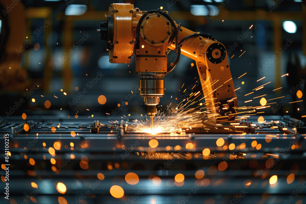 A robot is cutting metal with sparks flying. The scene is intense and action-packed. The robot is a large, yellow machine that is focused on its task. The sparks are flying everywhere A robot is cutting metal with sparks flying. The scene is intense and action-packed. The robot is a large, yellow machine that is focused on its task. The sparks are flying everywhere