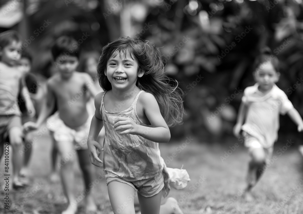 A group of children joyfully running and playing outdoors with one girl in focus, smiling brightly.
A group of children joyfully running and playing outdoors with one girl in focus, smiling brightly.
