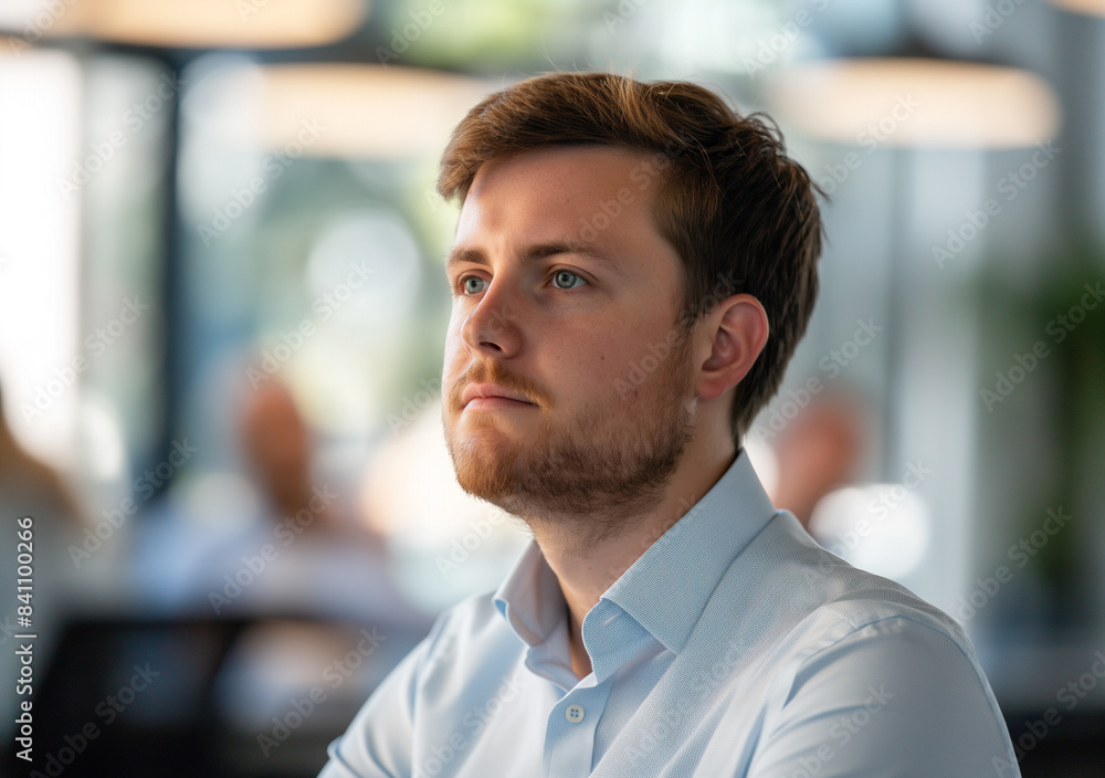 A young man with a beard and a serious expression is wearing a light blue shirt in an office setting.
A young man with a beard and a serious expression is wearing a light blue shirt in an office setting.