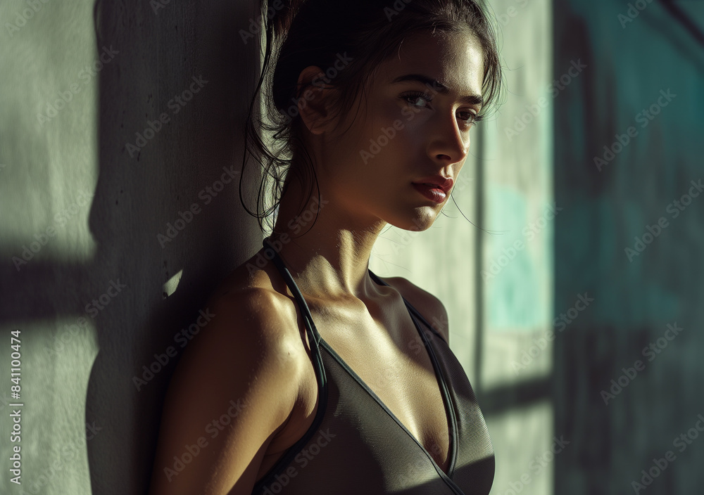 A woman in athletic wear stands in a shadowy, dimly lit space with a serious expression.
A woman in athletic wear stands in a shadowy, dimly lit space with a serious expression.