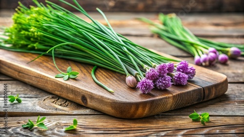 Fresh chives on wooden cutting board  selectively focused   herbs  green  cooking  ingredient  organic  cuisine  seasoning