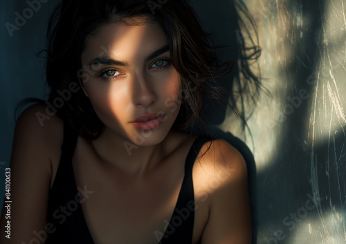 A close-up portrait of a woman with striking eyes and dark hair, partially illuminated by dramatic shadows on a textured background. 