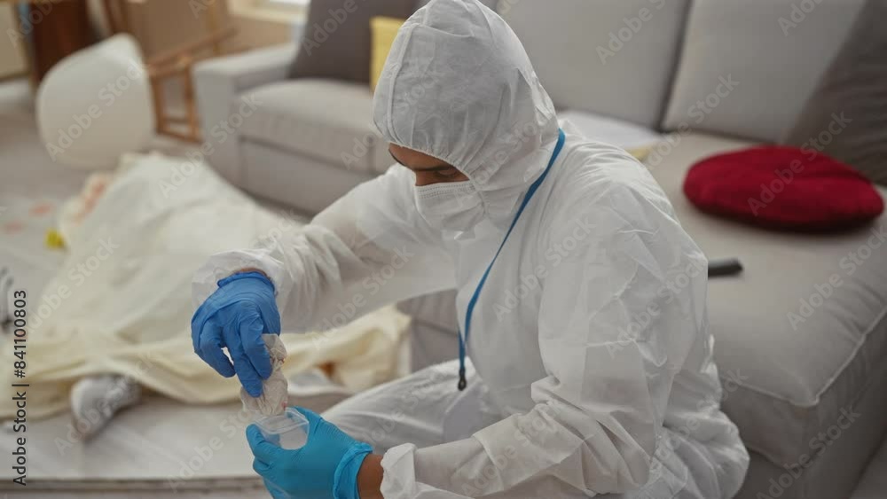 Man in forensic suit collecting evidence at crime scene in living room. Man in forensic suit collecting evidence at crime scene in living room.