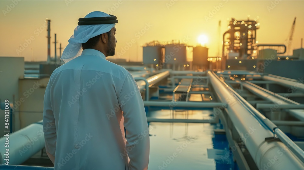 A man in white standing on a platform looking at an oil refinery. A man in white standing on a platform looking at an oil refinery.