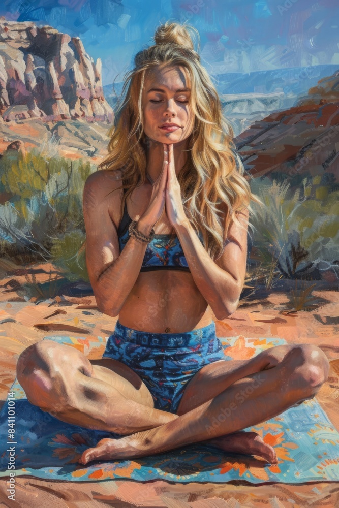 Obraz premium A young woman meditates in a desert landscape, capturing a moment of serene contemplation in a natural setting, day of yoga