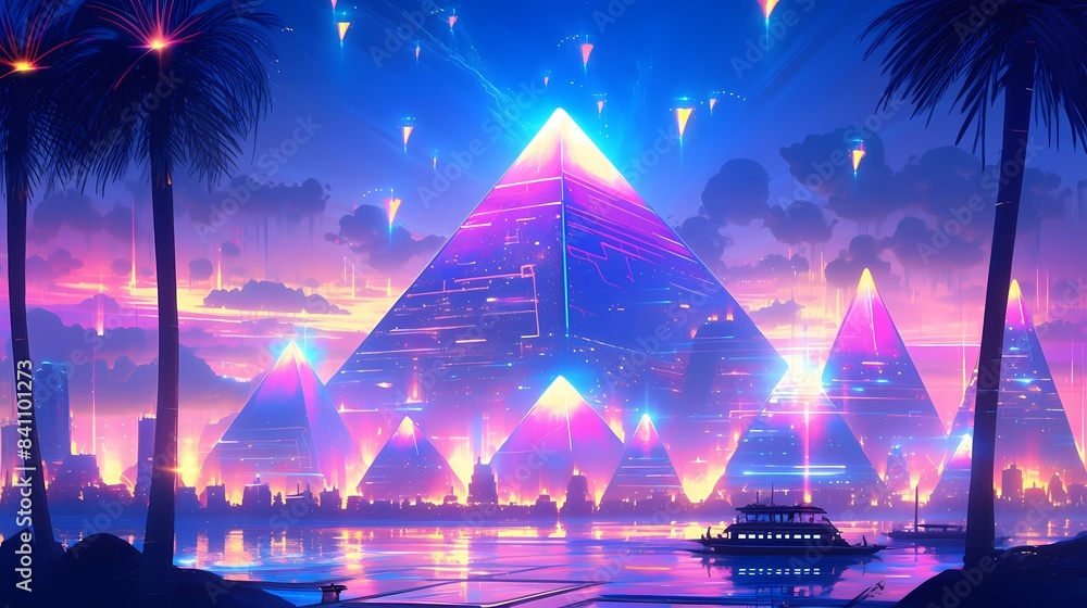 Digital synth wave pyramids in a cyberpunk wasteland abstract graphic poster web page PPT background