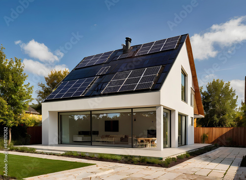 Modern house with solar panels installed on the roof. Alternative energy source. Created with generative AI