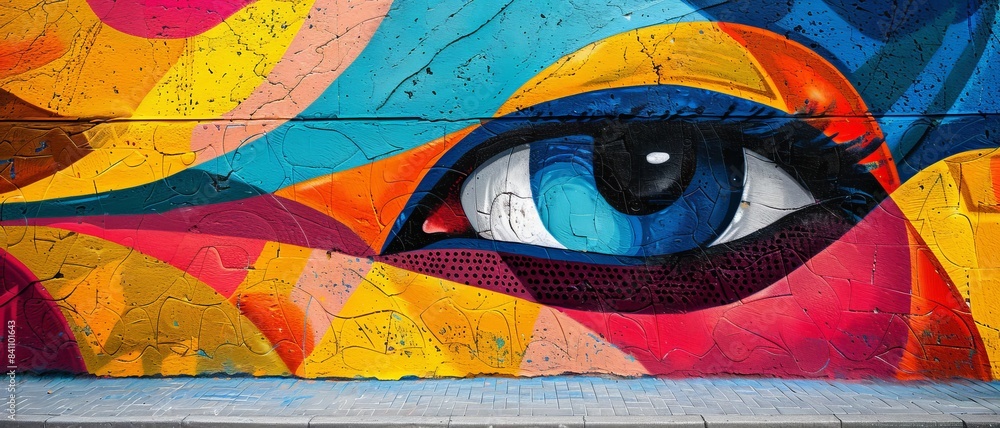 Fototapeta premium Vibrant Street Art Mural Featuring a Colorful Abstract Eye Design on an Urban Wall, Showcasing Bold Colors and Dynamic Patterns in a Modern Urban Setting