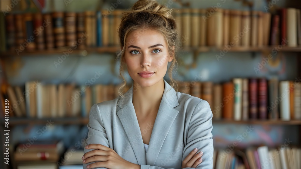 A beautiful woman in a suit standing in front of bookshelves. A beautiful woman in a suit standing in front of bookshelves.
