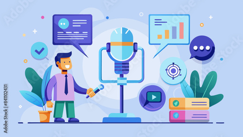 Virtual assistant usability chart with microphone icon and handshake. AI assistant concept. Digital low poly light blue style. Vector illustration
