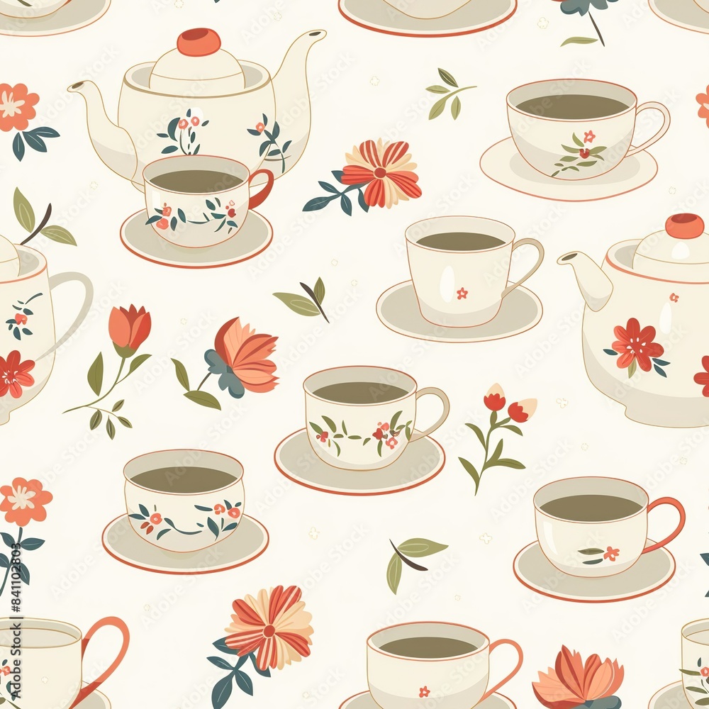 A charming depiction of a tea set with cups, saucers, and a teapot, inviting children to host elegant pretend tea parties. Minimal pattern banner wallpaper, simple background, Seamless, A charming depiction of a tea set with cups, saucers, and a teapot, inviting children to host elegant pretend tea parties. Minimal pattern banner wallpaper, simple background, Seamless,