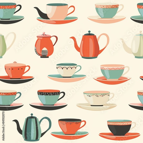 A charming depiction of a tea set with cups, saucers, and a teapot, inviting children to host elegant pretend tea parties. Minimal pattern banner wallpaper, simple background, Seamless,