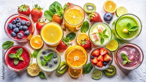 Fresh and beautiful fruits decorated top view of cool drinks set including smoothie  juice