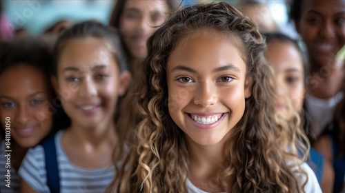 A smiling girl in a group of people.