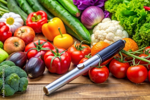 Original Danish Ozempic insulin injection pen for diabetics next to a colorful assortment of fresh vegetables