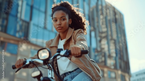 Woman exploring the modern city on a folding electric bike